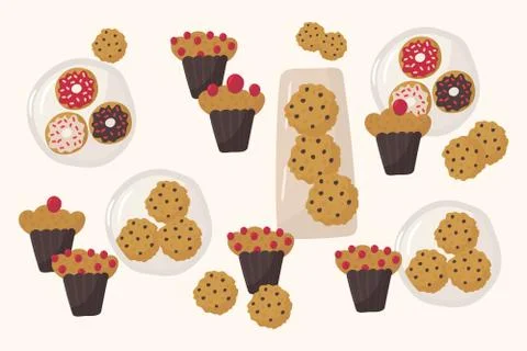 Doodle sweet cookie vector.Bakery, cupcakes and desserts, set for baking. Flat Stock Illustration
