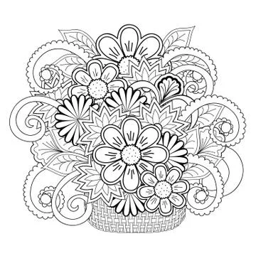 Doodle tangle flowers in the basket Stock Illustration
