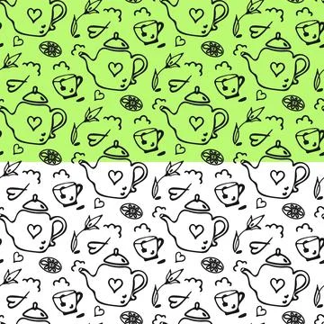 Doodle tea pot, cup seamless pattern. Hand drawn cartoon style, monochrome grey Stock Illustration