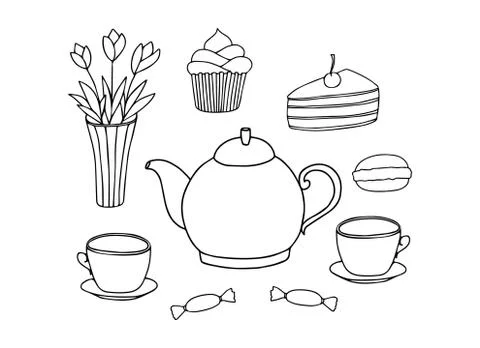 Doodle tea time collection. Teapot, cups, cakes, sweets, vase with flowers. Hand Illustrazione stock