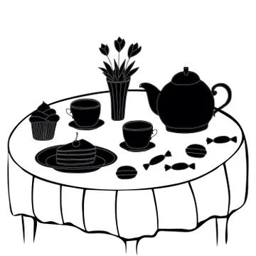 Doodle tea time collection. Teapot, cups, cakes, sweets, vase with flowers on Stock Illustration