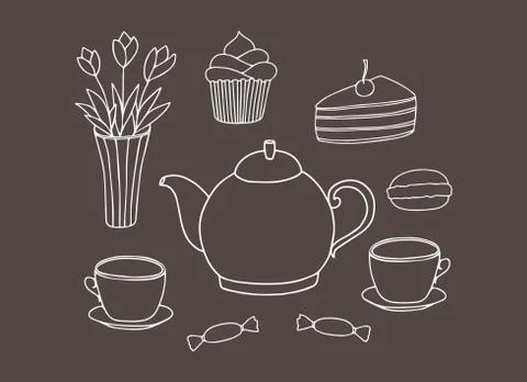 Doodle tea time collection. Teapot, cups, cakes, sweets, vase with flowers. Hand Stock Illustration