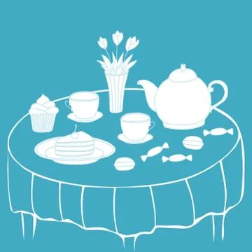 Doodle tea time collection. Teapot, cups, cakes, sweets, vase with flowers on Stock Illustration