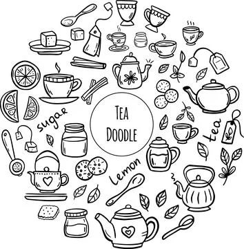 Doodle Tea Time Illustrations A Unique Collection Featuring Various Teapots and Stock-Illustration
