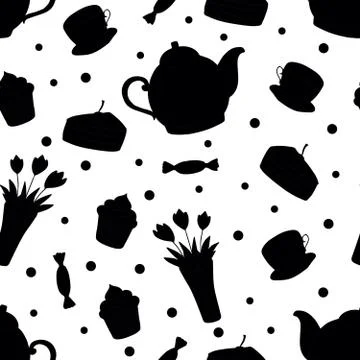 Doodle tea time seamless pattern. Teapot, cups, cakes, sweets, dots and vase Illustrazione stock