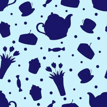 Doodle tea time seamless pattern. Teapot, cups, cakes, sweets, dots and vase Illustrazione stock