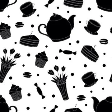 Doodle tea time seamless pattern. Teapot, cups, cakes, sweets, dots and vase Stock Illustration