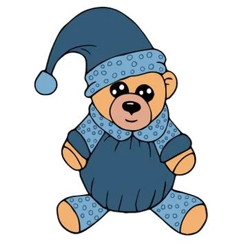 Doodle teddy bear with dotted blue elf hat and costume in the style of doodle Stock Illustration