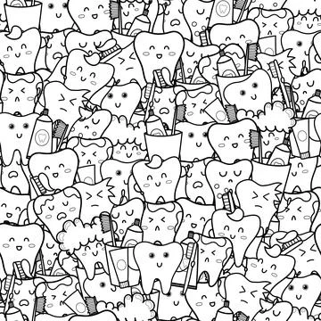 Doodle teeth black and white seamless pattern. Cute dental characters coloring Stock Illustration