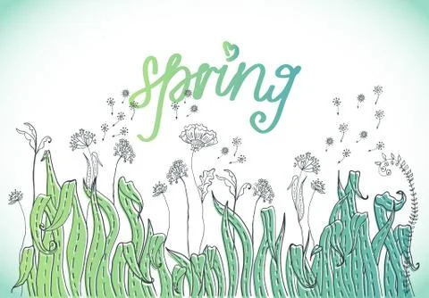 Doodle tender nature background with grass and flowers Stock Illustration