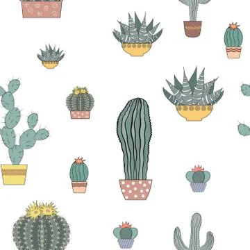 Doodle textured cactuses. Seamless pattern. Vector Stock Illustration