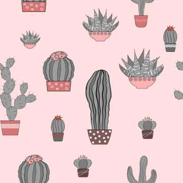 Doodle textured cactuses. Seamless pattern. Vector Stock Illustration