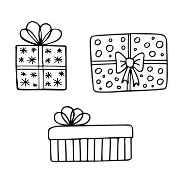 Doodle of three gift boxes on white background. Stock Illustration