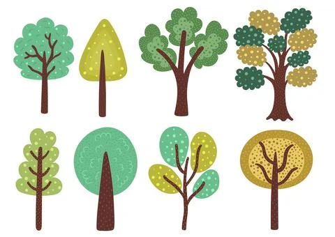 Doodle trees collection. Different trees set with apple, orange and other Stock Illustration