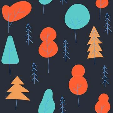 Doodle trees seamless pattern on dark background use for children bedroom Stock Illustration