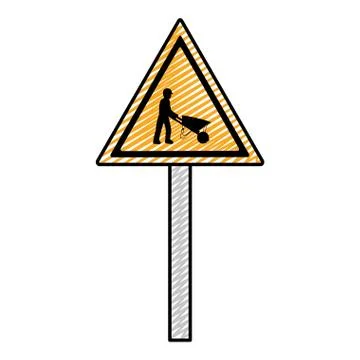 Doodle triangle caution emblem and laborer with wheelbarrow Stock Illustration