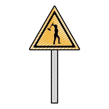 Doodle triangle caution emblem and laborer with mallet Stock Illustration