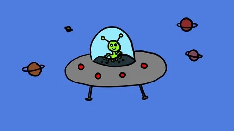 Doodle ufo alien character flying in space Stock Footage 116747166