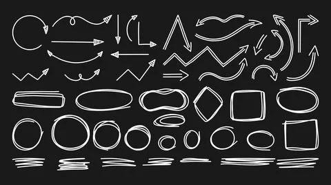 Doodle UI Elements Set. White Chalk Hand Drawn Arrows And Pointers For Dash.. 스톡 일러스트