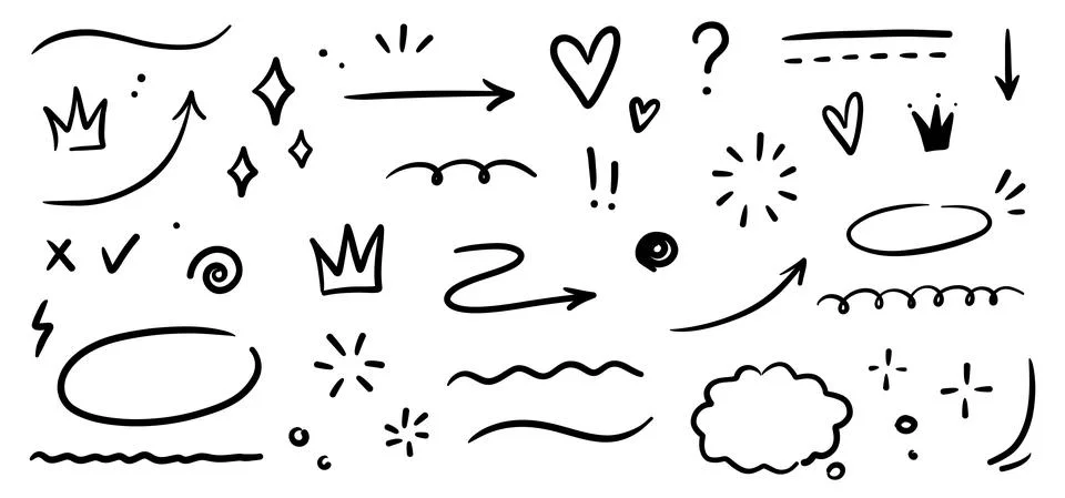 Doodle underline, emphasis, line shape set. Hand drawn swirl swoosh, love Stock Illustration