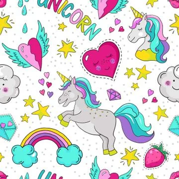 Doodle unicorn pattern. Seamless summer print, cute star heart rainbow Stock Illustration