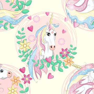 Doodle unicorn pattern for textile design. Animal cartoon. Ditsy print. Trend Illustrazione stock