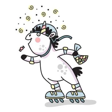 Doodle unicorn on roller skates with candy vector illustration Stock Illustration