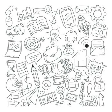 Doodle of various office and technology items in a sketch style Stock-Illustration