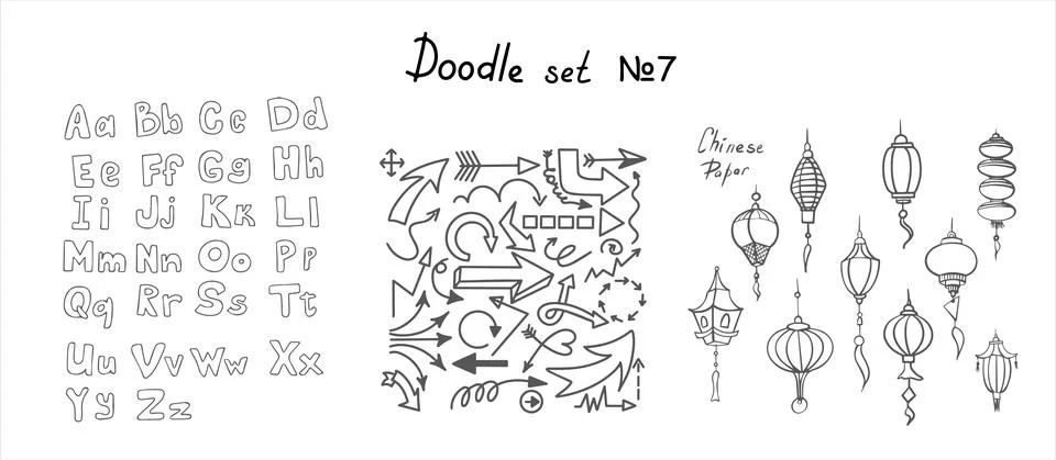 Doodle vector arrows, set of chinese paper lanterns. Hand drawn business icons Stock Illustration