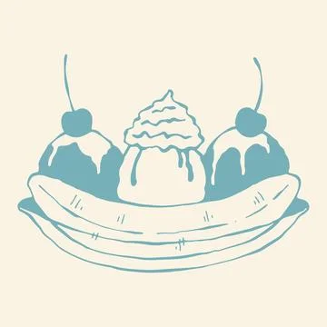 Doodle vector art of a classic banana split sundae dessert with three scoops of Stock Illustration