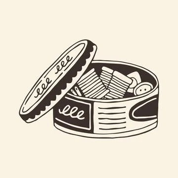 Doodle vector art of an open round tin cookie box filled with sewing spools Stock Illustration