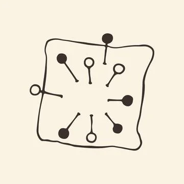 Doodle vector art of a square fabric pincushion filled with various straight Stock Illustration