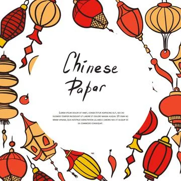 Doodle vector banner with chinese paper lanterns. Flat colorful icons oriental Stock Illustration