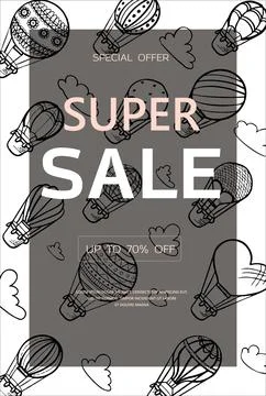 Doodle vector banner of hot air balloons with clouds. Colorful hand draw Stock Illustration