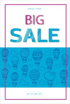 Doodle vector banner of hot air balloons with clouds. Colorful hand draw Stock Illustration