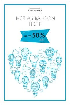 Doodle vector banner of hot air balloons with clouds. Colorful hand draw Stock Illustration