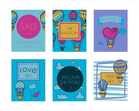 Doodle vector banners of hot air balloons with clouds. Colorful hand draw Stock Illustration