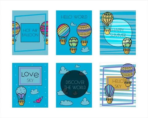 Doodle vector banners of hot air balloons with clouds. Colorful hand draw Illustrazione stock