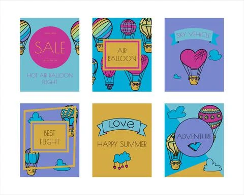 Doodle vector banners of hot air balloons with clouds. Colorful hand draw Stock Illustration