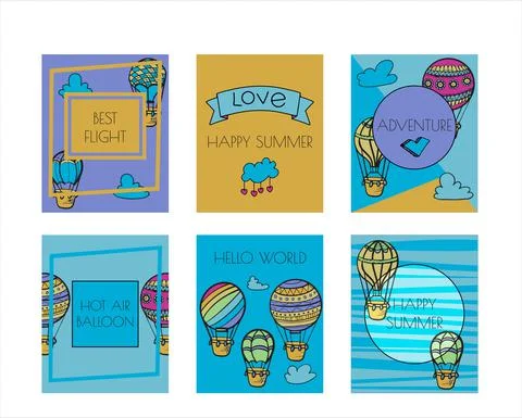 Doodle vector banners of hot air balloons with clouds. Colorful hand draw Stock Illustration