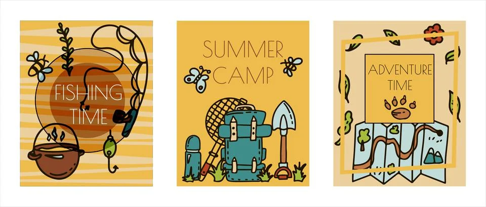 Doodle vector camping bannersset. Sketch hiking Icons.Hand draw illustration for Stock Illustration