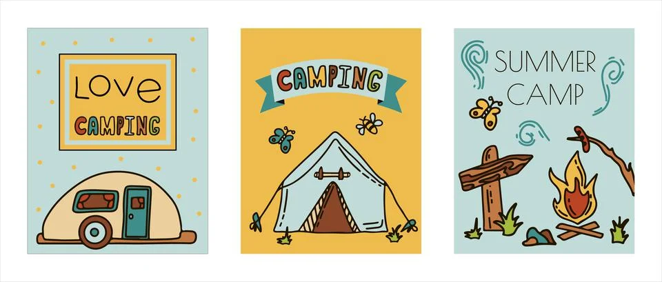 Doodle vector camping bannersset. Sketch hiking Icons.Hand draw illustration for 库存插图