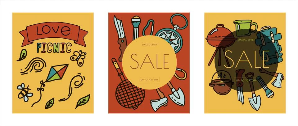 Doodle vector camping bannersset. Sketch hiking Icons.Hand draw illustration for 库存插图