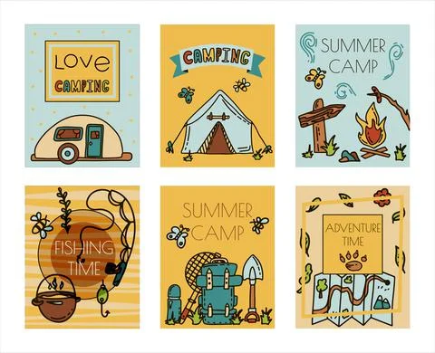 Doodle vector camping bannersset. Sketch hiking Icons.Hand draw illustration for Stock Illustration