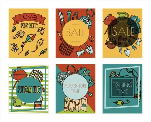 Doodle vector camping bannersset. Sketch hiking Icons.Hand draw illustration for Stock Illustration