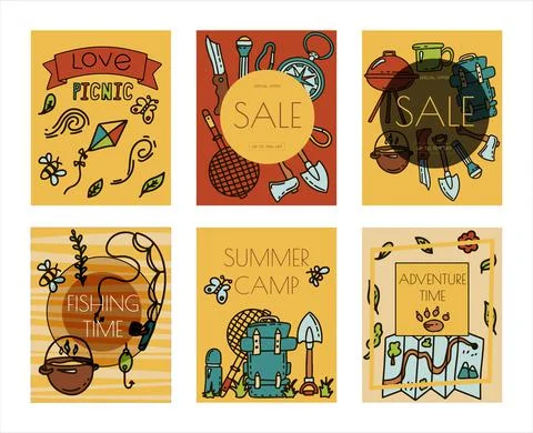 Doodle vector camping bannersset. Sketch hiking Icons.Hand draw illustration for Stock Illustration