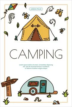 Doodle vector camping bannersset. Sketch hiking Icons.Hand draw illustration for Stock Illustration