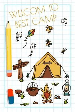 Doodle vector camping bannersset. Sketch hiking Icons.Hand draw illustration for Stock Illustration