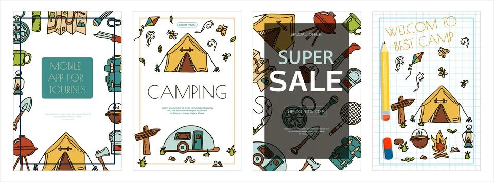 Doodle vector camping bannersset. Sketch hiking Icons.Hand draw illustration for Stock Illustration