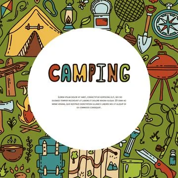 Doodle vector camping camping. Sketch hiking Icons.Hand draw illustration for Illustrazione stock